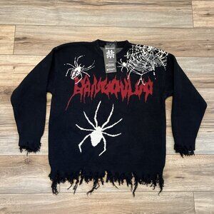 Men's Supermade Knit Sweater SZ XL Black Spider Web Streetwear Frayed NWT